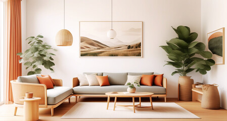 Contemporary living room with corner sofa, warm tones, and natural wooden accents