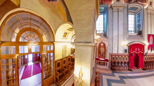 Belgrade, Serbia Sept 1, 2024: A top view from inside the Orthodox Church, Saint Michael the Archangel Cathedral The Ascension in Belgrade capital of Serbia. Red carpet leading to altar.