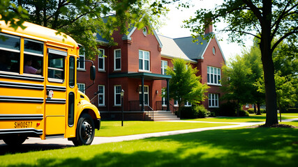 Obraz premium A school bus parked in front of a traditional brick school building, with green lawns and trees swaying gently in the breeze, symbolizing the start of a school day