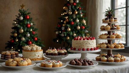 Holiday dessert display with an array of cakes and cookies next to a Christmas tree.