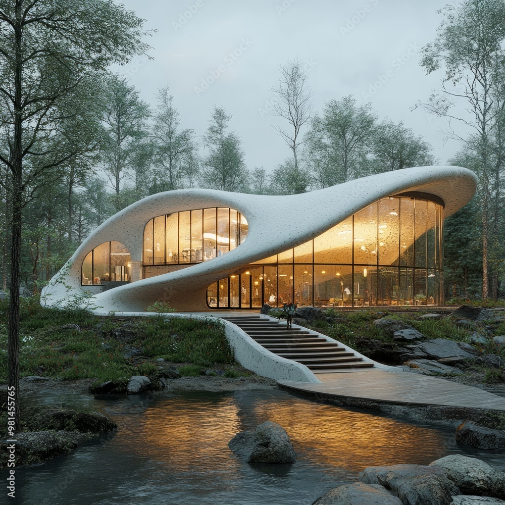 Poster Modern, curved, glass and concrete building in a forest setting with a stream in front.