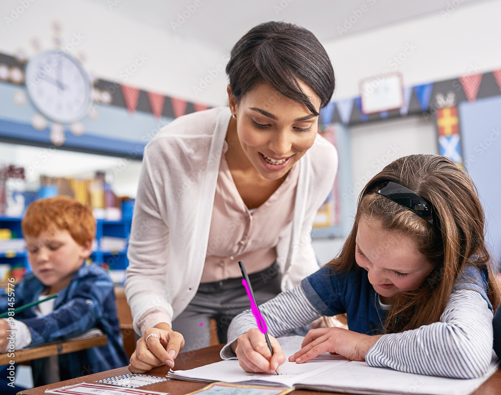 Poster classroom, child and teacher with support at desk for education, knowledge and language development.