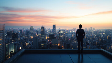 ビジネススーツの後ろ姿と都会の夕暮れ