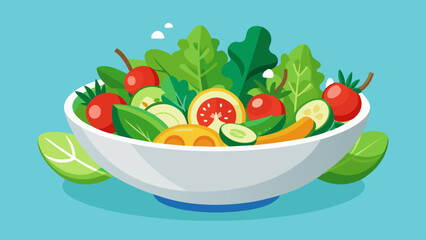 Salad bowl, colorful vector art of healthy meal on pastel blue background ideal for use in health and wellness websites, recipe blogs, menus, food packaging, healthy eating campaigns, cookbooks