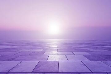 A tiled path leading towards a purple sunrise with a hazy sky.