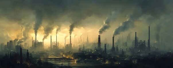 Industrial landscape with numerous factories emitting smoke, creating a somber and polluted atmosphere under a cloudy sky.