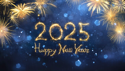 2025 Happy New Year Celebration With Glitter And Fireworks In Blue Eve Night