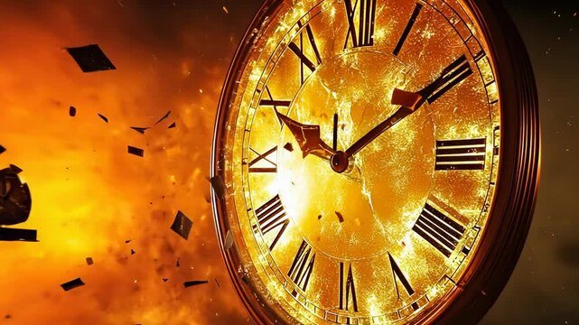 An antique clock face explodes with debris flying amidst a fiery, orange backdrop. Roman numerals and clock hands are visible. Vibrant, dynamic scene capturing destruction.