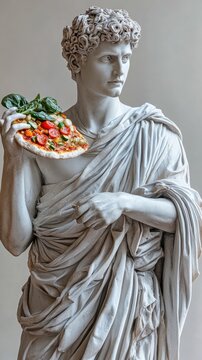 Naklejki Ancient greek statue enjoying delicious slice of pizza