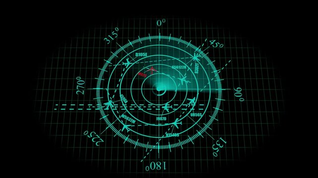 Aircraft signal and guidance radar. Radar animation with light blue  grid background light blue color for flight control. 3D Video