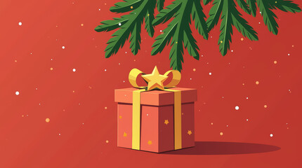 A festive red background showcases a colorful gift adorned with a bright ribbon and star, nestled beneath a lush green Christmas tree branch, suggesting holiday cheer and celebration.