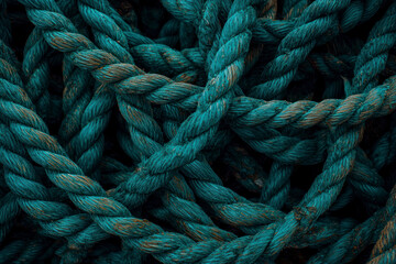 Fototapeta premium A tangled mass of thick, weathered ropes in shades of deep green and teal. The texture is rough.