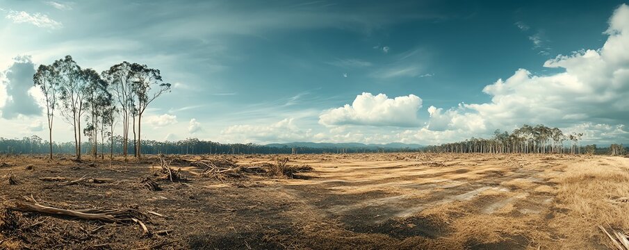 Panoramic view of a deforested landscape under a dramatic sky highlighting the impact of human activity on nature.