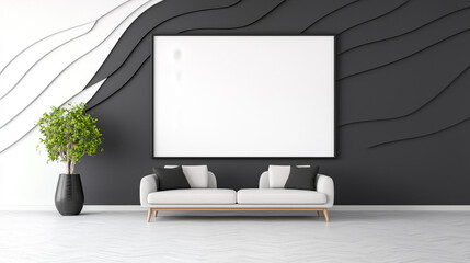 Minimalist living room with a white sofa and a large framed picture.