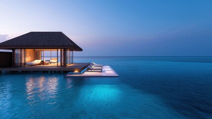 Fototapeta premium A serene beachfront villa at dusk, showcasing a luxurious pool and expansive ocean views, perfect for relaxation and escape.