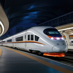 Naklejka premium Contemporary high-speed monorail train with illuminating headlights passing through a station on an elevated track as it traverses a tunnel at a road junction.