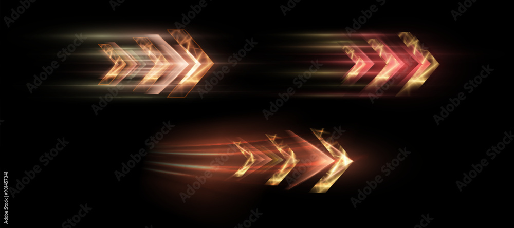 Poster Light effect of high speed movement of light high speed arrow yellow glow. Dynamic movement of high speed arrow of light energy. Vector