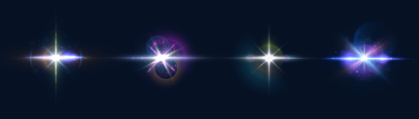 Bright colorful light effects set. Futuristic glow effect for game interface design. Energy universe aura, bright glow, disco glare, space explosion, illuminated stage.	
