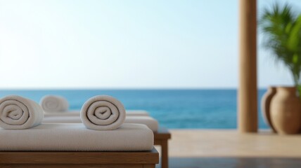 Relaxing spa setting with rolled towels by the ocean, offering a serene ambiance for wellness and tranquility.