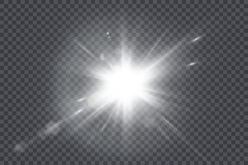 White glowing light explodes on a transparent background. Bright Star. Transparent shining sun, bright flash. Vector graphics.	

