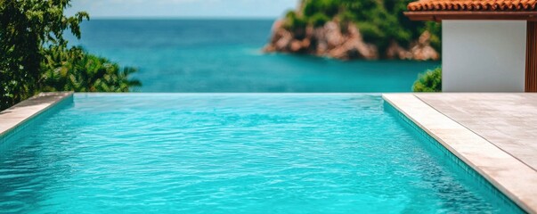 Fototapeta premium Serene infinity pool overlooking a tranquil sea, perfect for relaxation and luxury getaway. Ideal for vacation or travel themes.