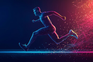 Naklejka premium Banner. Sportsman, jogger running in motion against gradient dark background with polygonal and fluid elements. Speed.