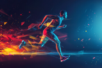 Banner. Sportsman, jogger running in motion against gradient dark background with polygonal and fluid elements. Speed.