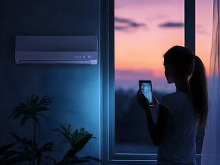 Silhouette of a person using a smart air conditioner to control the climate in a modern home environment