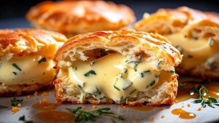 Cookies with cheddar filling and spicy lemon oil.
