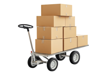 Hand truck with cardboard box. Transparent background, Isolated PNG.