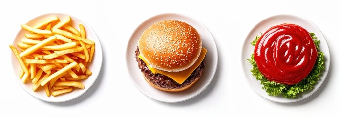 Delicious burger with french fries and ketchup sauce on white background