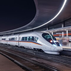 Fototapeta premium Contemporary high-speed monorail train with illuminating headlights passing through a station on an elevated track as it traverses a tunnel at a road junction.