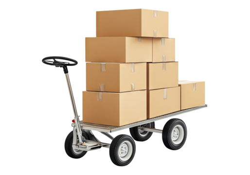 Hand truck with cardboard box. Transparent background, Isolated PNG.