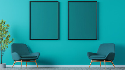 Two teal chairs in a modern living room with a teal wall and two black framed posters.