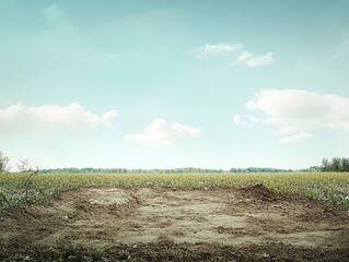 Obraz premium Tranquil empty rural landscape with a clear sky, vast open field, and a distant tree line under bright daylight.