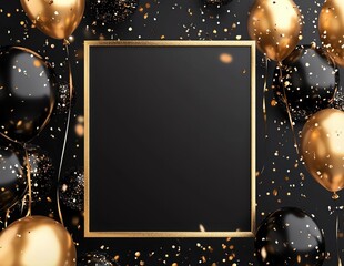 Black and gold balloons and confetti surround a square frame on a black background.