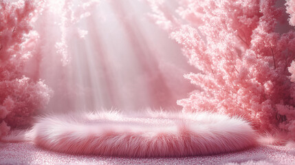 Elegant Pink Furry Display Platform Bathed in Sunbeams with Shimmering Fluffy Trees, Creating a Serene and Romantic Backdrop for Premium Skincare and Cosmetics