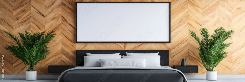 Wall mural Modern bedroom with a large blank frame above the bed.