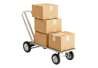 Hand truck with cardboard box. Transparent background, Isolated PNG.