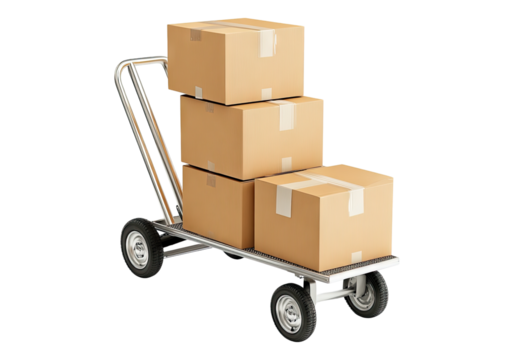 Hand truck with cardboard box. Transparent background, Isolated PNG.
