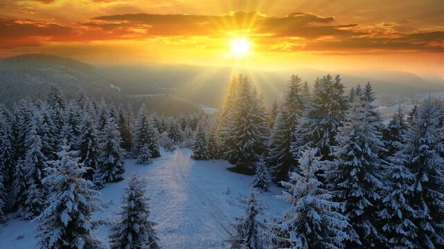 Drone footage of the forest in winter time at sunset, landscape snow covered trees nature - beautiful Europe aerial pine forest mountain, season travel white frozen nature idyllic