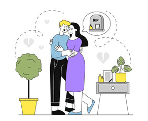 Family in grief. Unhappy couple in tears. Negative feelings and motions. Guy supports girl. Sorrow and despair. Frustration and depression. Linear vector illustration