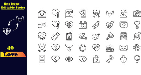Set of love-themed stroke icons, featuring hearts, couples, Cupid, passion, Valentine's Day, love emojis, beating hearts, affection, romance, hugs, and dating icons.