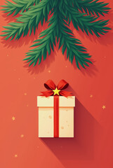 A charming gift box with a red ribbon and a star sits under a pine tree, set against a festive red backdrop filled with subtle decorative stars.