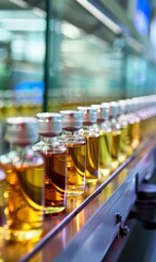 A row of glass vials filled with liquid moves along a high-tech automated production line in a sterile pharmaceutical factory. Precision and efficiency dominate the clean, futuristic environment.