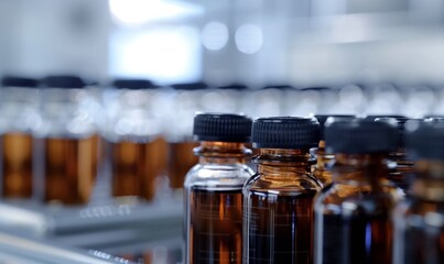 A row of glass vials filled with liquid moves along a high-tech automated production line in a sterile pharmaceutical factory. Precision and efficiency dominate the clean, futuristic environment.