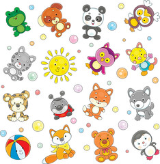 Set of funny baby animals drawn in a cartoony style, outlined vector illustrations on a white background