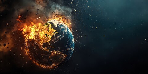 Global Explosion A highly detailed globe focused on the Americas, depicted in the midst of an explosive event with fire, smoke, and debris surrounding the planet