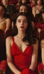 young beautiful woman in red watching movie or spectacle in cinema or theatre