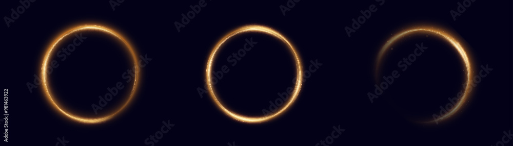 Poster Bright gold light ring with neon effect. Round frame light effect on black background. For web design and illustrations	
